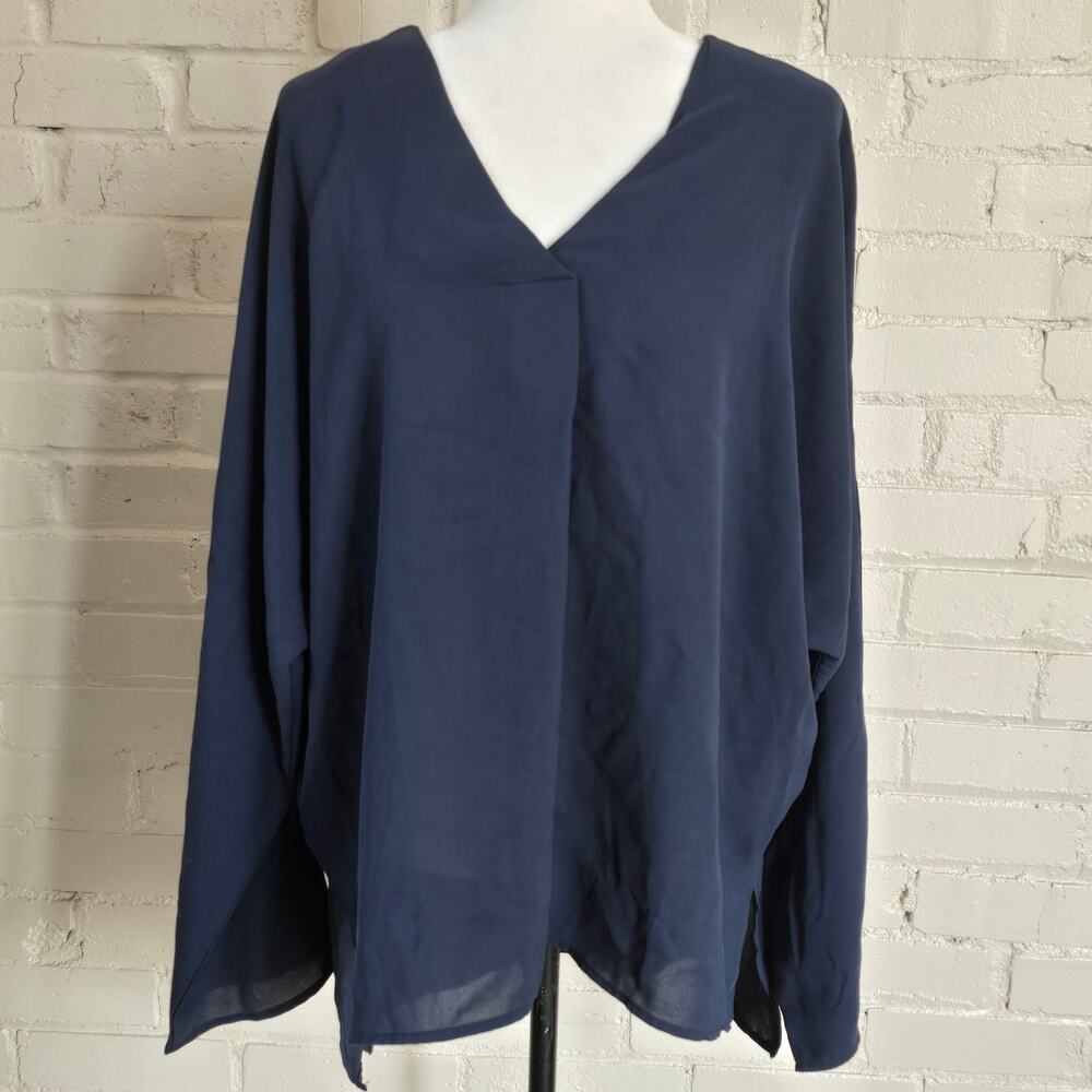Minimalist Navy Blue V-Neck Roll Tab Long Sleeve Tunic Blouse Business Casual - Picture 1 of 9